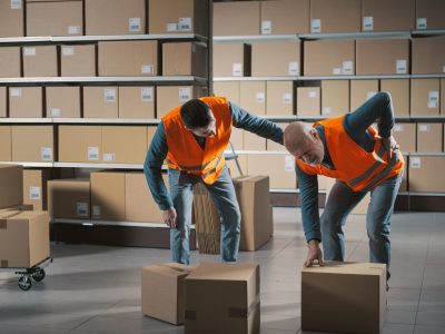 People working at the warehouse, a worker is helping his injured colleague with back pain