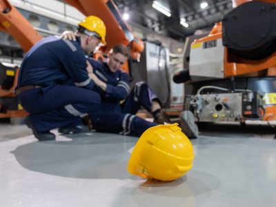 Close up on yellow hardhat with caucasian worker helping an injured colleague on the floor in robotic arms factory